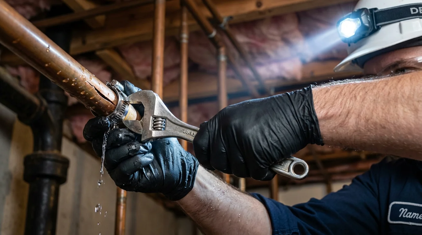 Emergency pipe clamp repair being performed by a Johns Plumbing LLC plumber in Brinkley