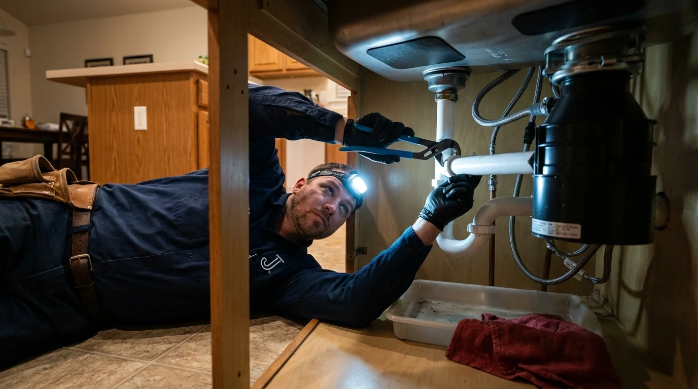 P-trap and supply line connections under a kitchen sink showing a common leak point in Brinkley, AR